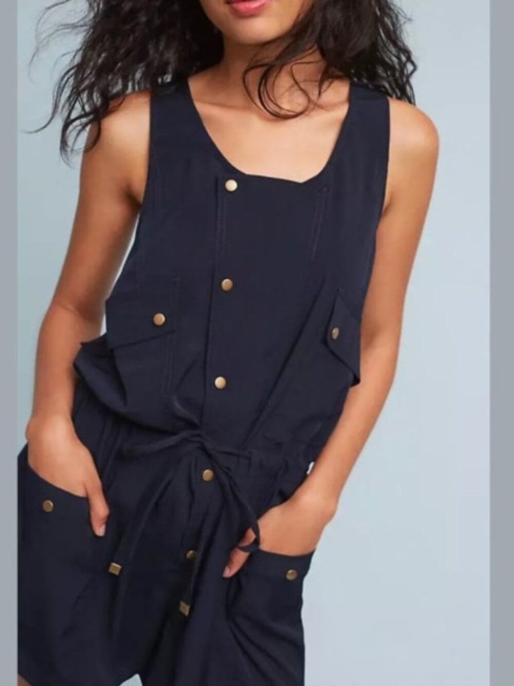 Anthropologie Elevenses Navy Utility Romper‎ Gold Snap Front Tie